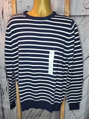 St. Johns Bay Men's Navy & White Stripe Crewneck Sweater Numerous Big & Tall